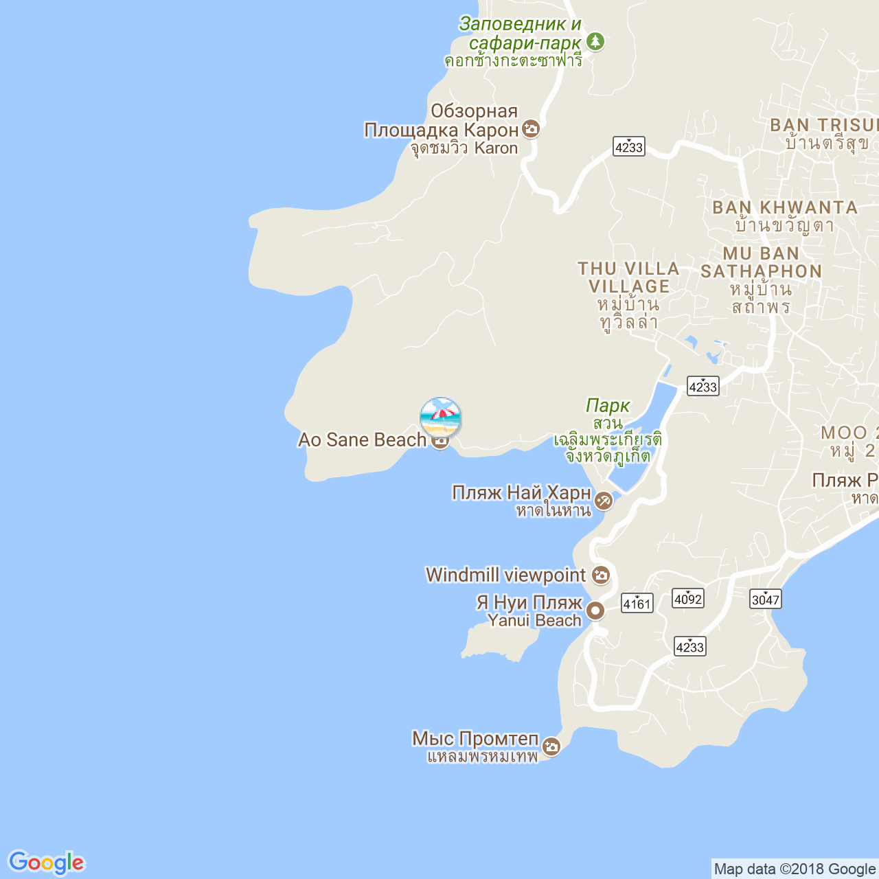 Пляж Ао Сан на карте Пхукета